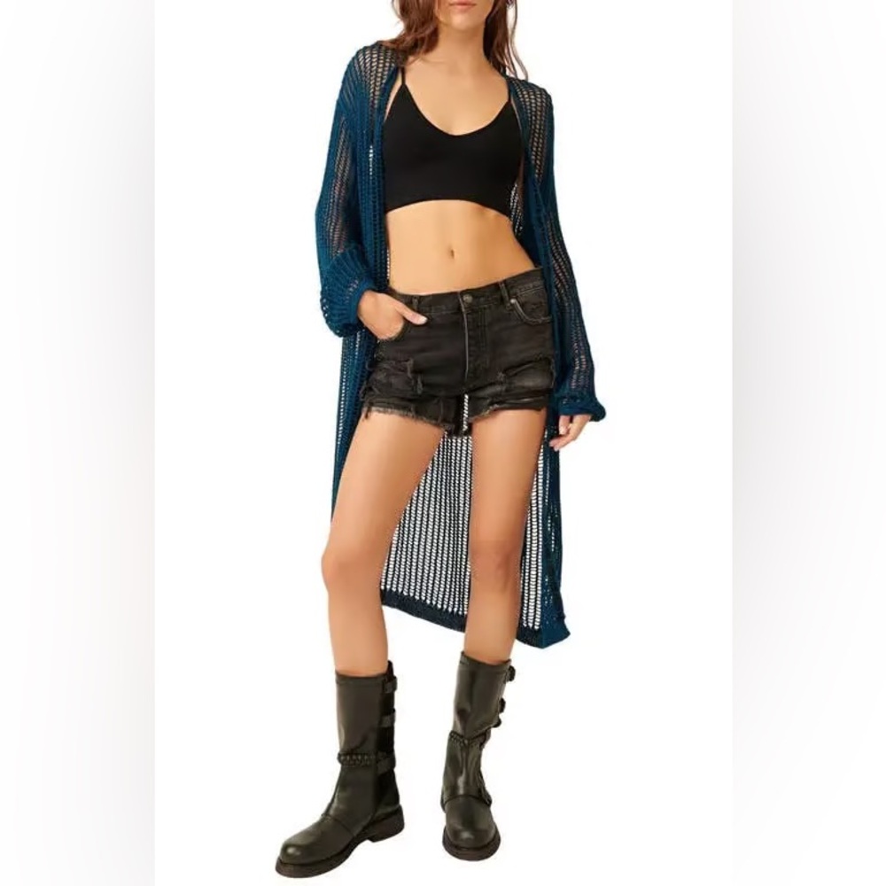 Free People Lattice Open Knit Cardigan, blue, XS, NWT